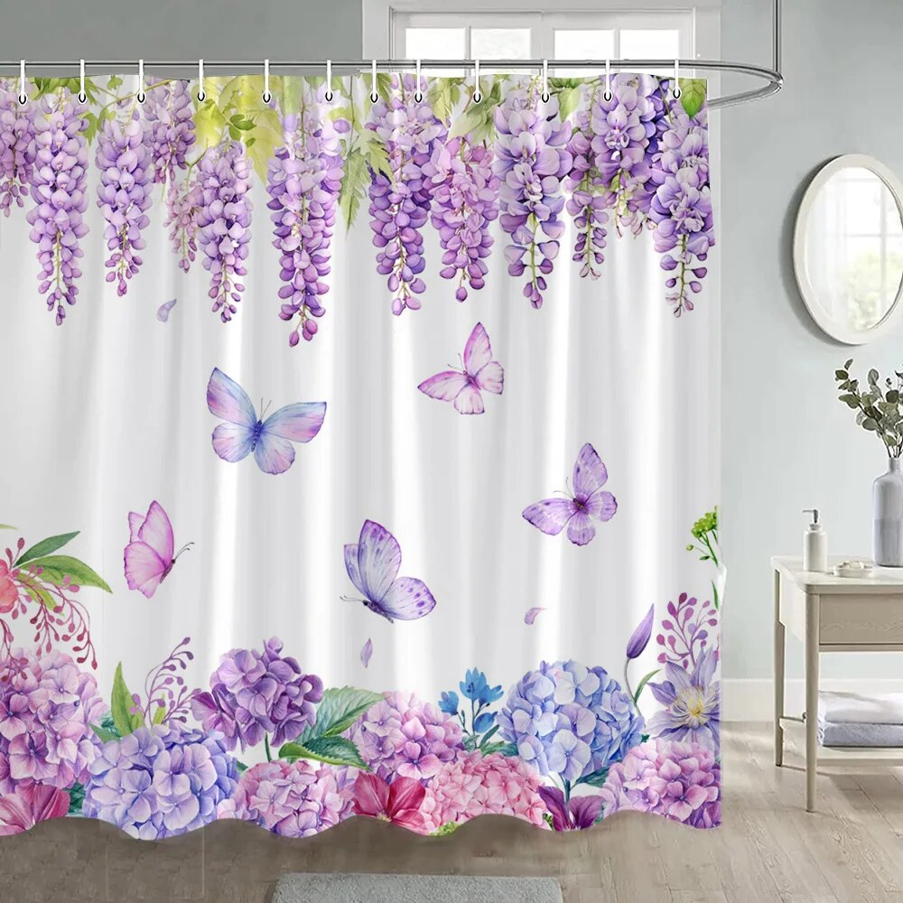 Floral Shower Curtain Purple Lavender Butterfly Dragonfly Watercolour ...