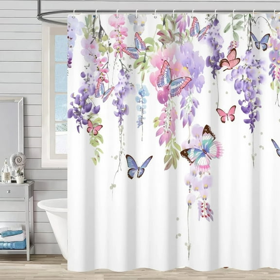 Floral Shower Curtain, Purple Wisteria Flower Butterfly Bathroom Curtain, 72X72Inches