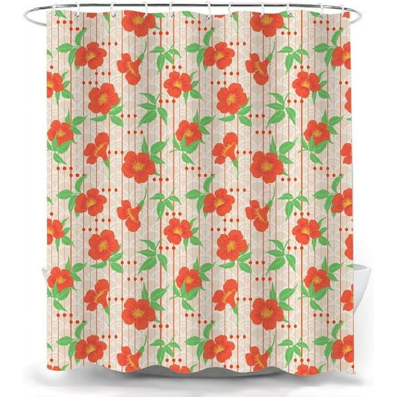 Floral Shower Curtain,Red Floral Green Leaves Fabric Bathroom Decor Shower Curtain Set with Hooks 72X72 Inches