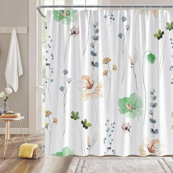 Floral Shower Curtain Sage Green Pink Watercolor Flower Abstract Leaves Rustic Farmhouse Modern Romantic Nature Plant Vintage Fabric Bathroom Curtain Sets with Hooks