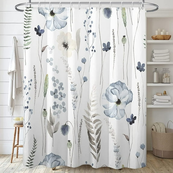 Floral Shower Curtain Set,Blue Beige Poppy Flowers Shower Curtains for Bathroom,Watercolor Lush Botanical Waterproof Fabric Bath Curtain with 12 Hooks 72x72in