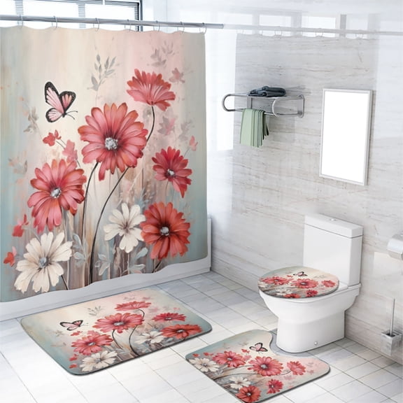 Floral Shower Curtain Set Watercolor Pink Flower Plant Butterfly Wildflowers Blossom with Non-Slip Rugs Toilet Lid Cover and Bath Mat Bathroom Decor Set, 72x72 Inch