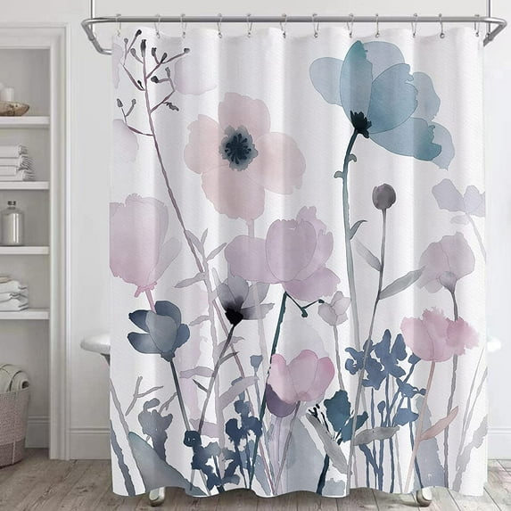 Floral Shower Curtain Sets,Blush Pink Flowers Bathroom Shower Curtains,Watercolor Blue Wildflower Plant Bath Curtain with 12 Hooks 72x72in,Waterproof Fabric