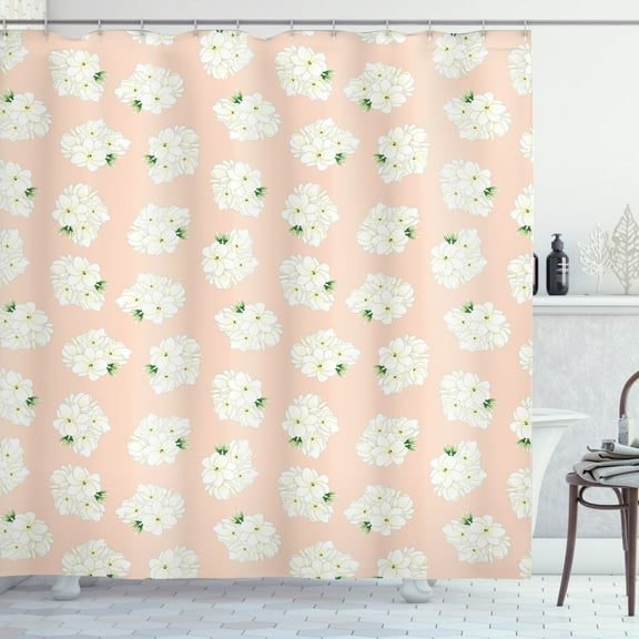 Floral Shower Curtain, Simplistic Naive Nature Jasminum Sambac Bouquet Repetitive Pattern, Fabric Bathroom Set with Hooks, 69W X 70L Inches, Pale Peach Green and Cream, by Ambesonne