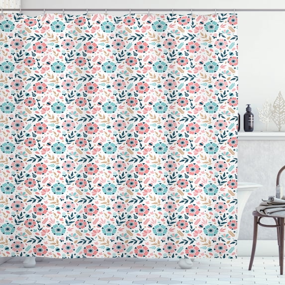 Floral Shower Curtain, Soft Pastel Colored Hand Drawn Abstract Five Petal Flowers and Wild Herbs Design, Fabric Bathroom Set with Hooks, 69W X 84L Inches Extra Long, Multicolor, by Ambesonne