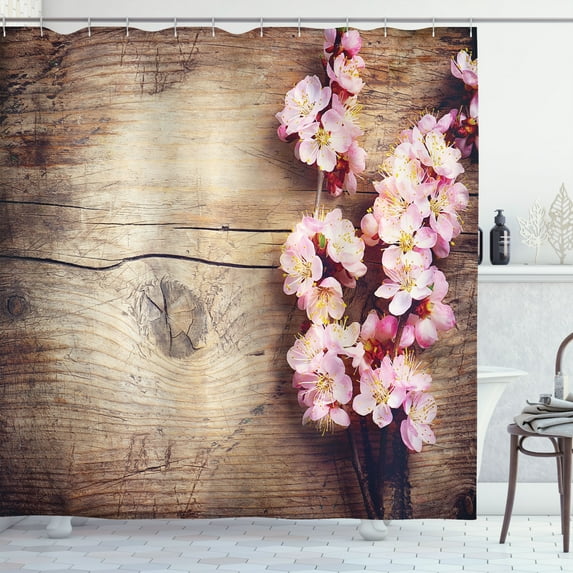 Floral Shower Curtain, Spring Blossom on Wooden Table Romantic Natural Farmhouse Countryside Style Print, Fabric Bathroom Set with Hooks, 69W X 70L Inches, Pink Brown, by Ambesonne