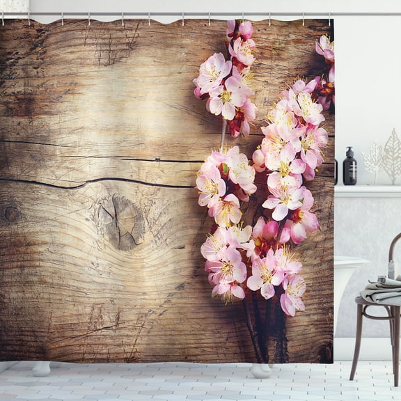 Floral Shower Curtain, Spring Blossom on Wooden Table Romantic Natural Farmhouse Countryside Style Print, Fabric Bathroom Set with Hooks, 69W X 75L Inches Long, Pink Brown, by Ambesonne