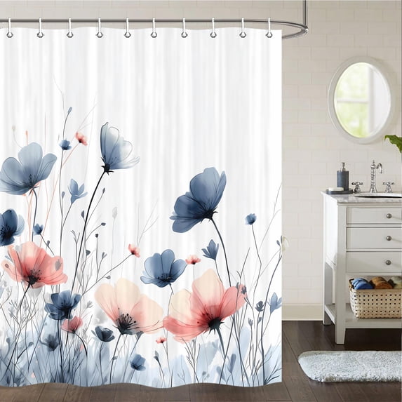 Floral Shower Curtain, Spring Flower Cloth Shower Curtains for Rustic Vintage Bathroom Decor, Spring Plant Shower Curtains Watercolor Floral Shower Curtain Cloth Set with Hooks, 60x72inch, Grey