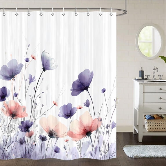 Floral Shower Curtain, Spring Flower Cloth Shower Curtains for Rustic Vintage Bathroom Decor, Spring Plant Shower Curtains Watercolor Floral Shower Curtain Cloth Set with Hooks, 60x72inch, Purple