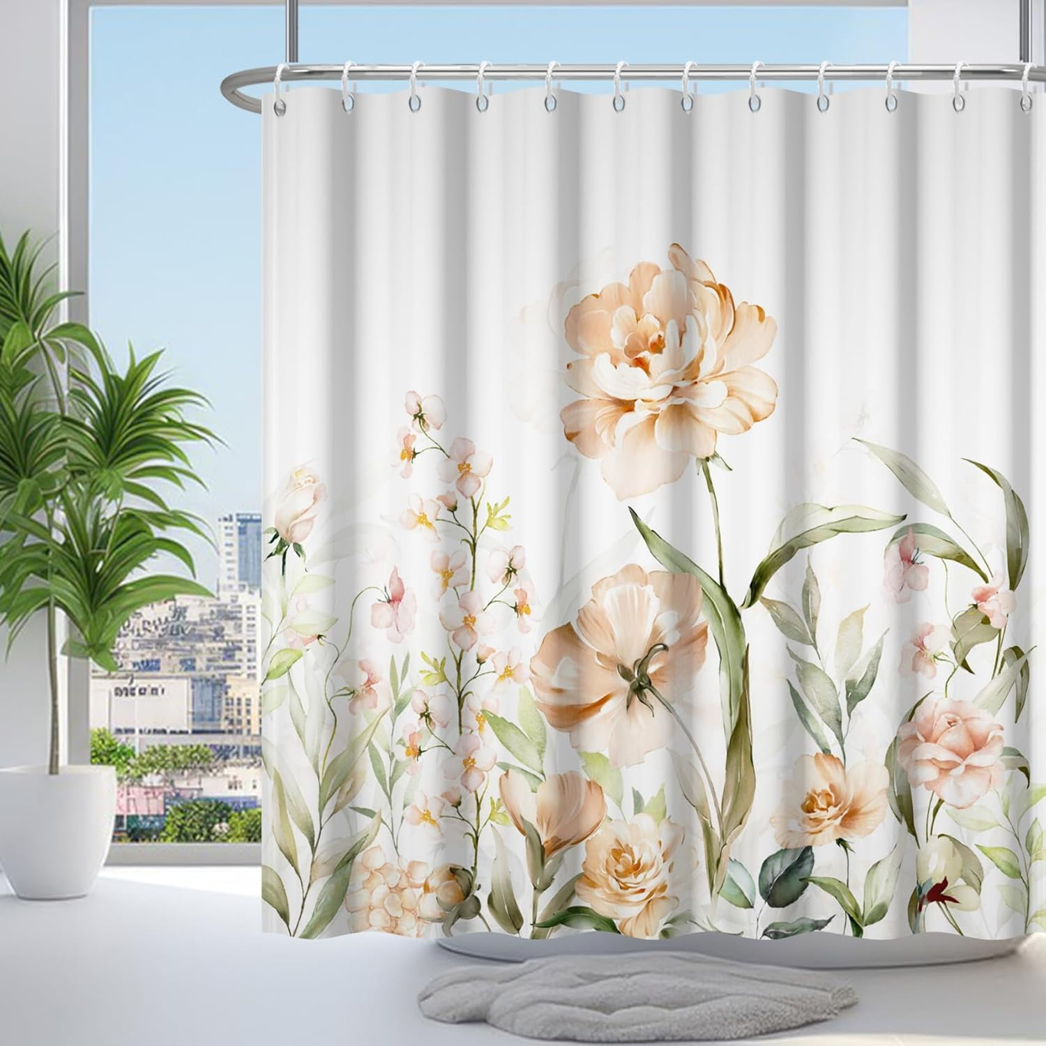 Floral Shower Curtain Spring Pastel Yellow Watercolor Flower Blossom Leaves Plants Botanical Shower Curtains Set for Bathroom Decor Polyester Fabric Waterproof with Hooks 72x80 inch