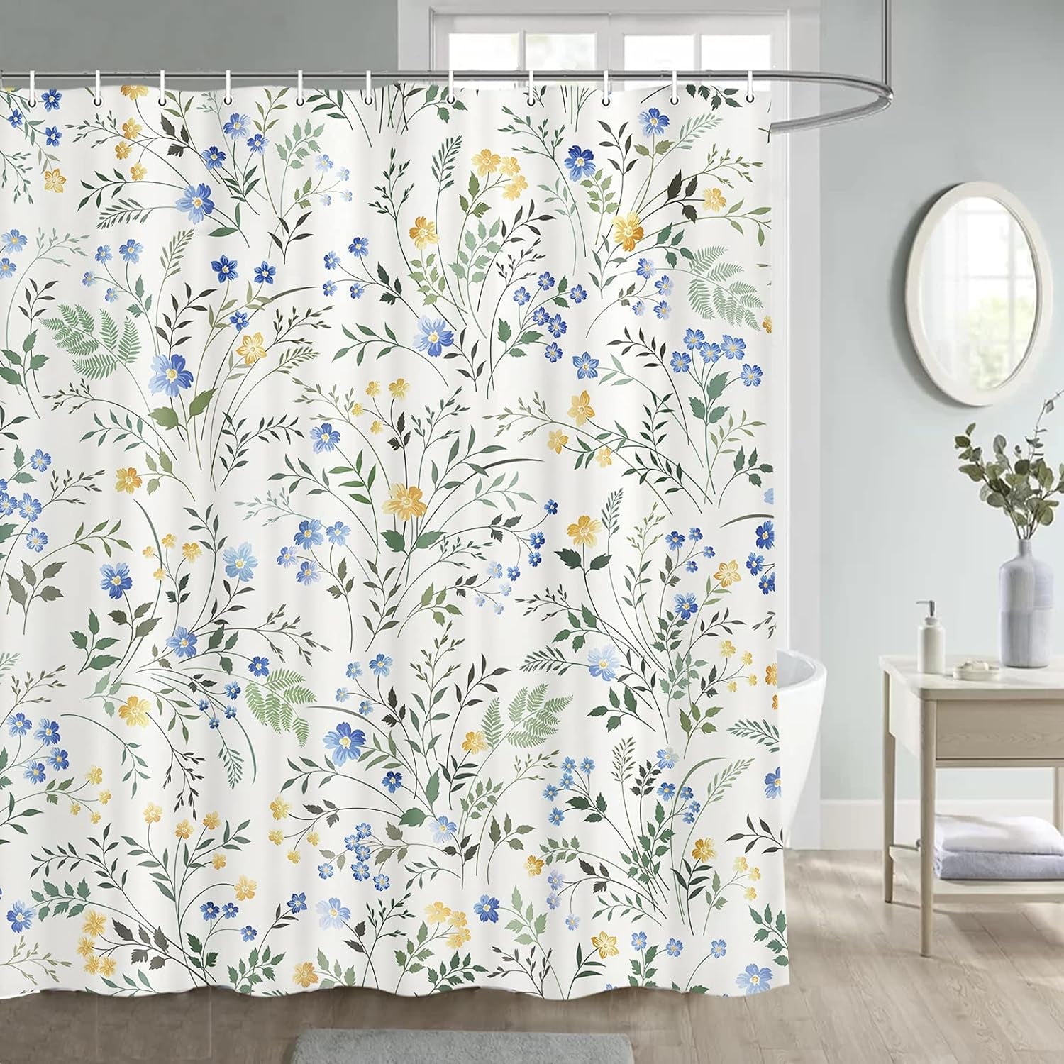 Floral Shower Curtain, Spring Sage Green Eucalyptus Leaves Shower