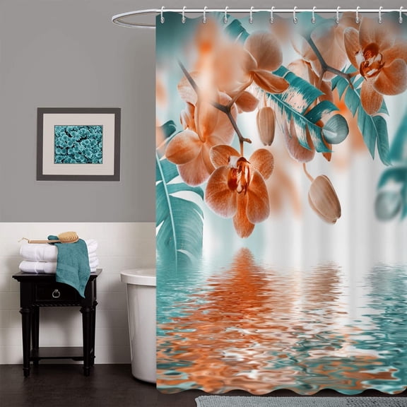 Floral Shower Curtain, Teal and Orange Orchid Tropical Flower Leaf Painting Zen Bathroom Curtain Home Decor Waterproof Fabric Machine Washable with 12 PCS Hooks,72" Wx72 L