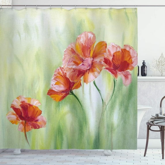 Floral Shower Curtain, Tulip Petals with Butterflies and Spring Blossom Swirls Nature Beauty Image, Cloth Fabric Bathroom Decor Set with Hooks,, Lime Green