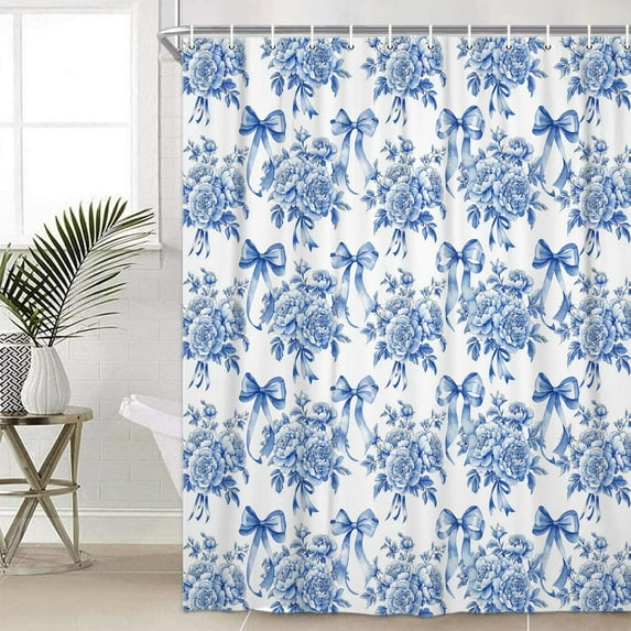 Floral Shower Curtain, Vintage Blue Bow Floral Aesthetic Bathroom Decor Curtains, Modern Chinoiserie Vintage Peony Shower Curtain Set with Hooks, 70X85in
