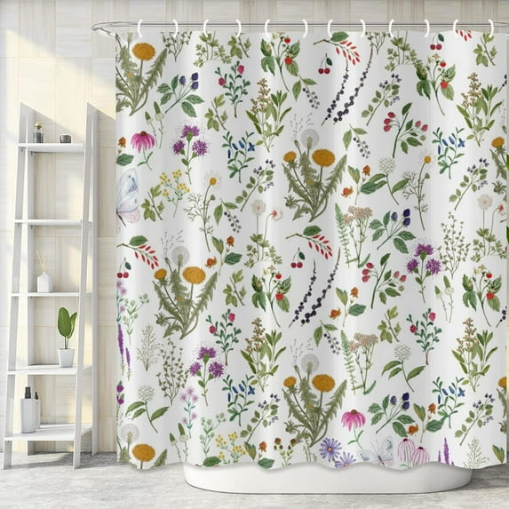 Floral Shower Curtain, Vintage Botanical Plant Green Leaves Flower Spring Watercolor Herbs Bathroom Curtains for Bathtub Decor Waterproof Fabric Machine Washable with 12 Plastic Hooks
