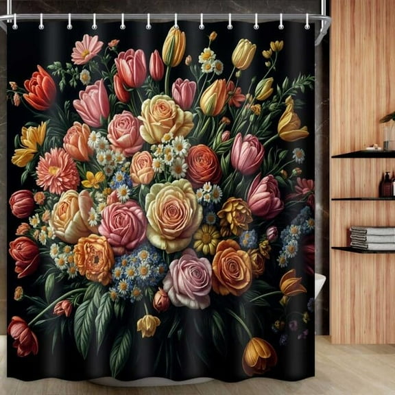 Floral Shower Curtain, Vintage Floral Shower Curtain Set Colorful Flower Plants Bathroom Curtain, Boho Floral Shower Curtain Botanical Shower Curtain Set with 12 Hooks for Bathroom Decor,47x64In