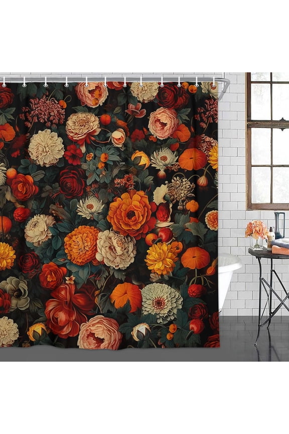 Floral Shower Curtain, Vintage Floral Shower Curtain Set Red Flower Plants Bathroom Curtain, Boho Floral Shower Curtain Set with Hooks for Bathroom Decor 70X70 Inch