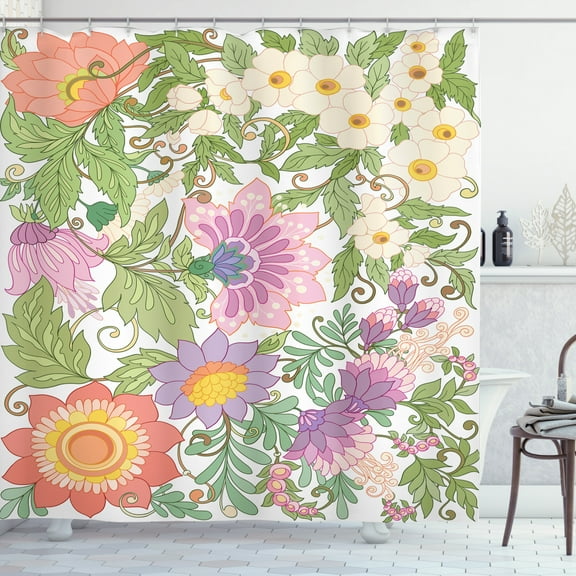 Floral Shower Curtain, Vintage Pastel Illustration of Leaves and Vivid Flowers, Fabric Bathroom Set with Hooks, 69W X 70L Inches, Pistachio Green and Multicolor, by Ambesonne