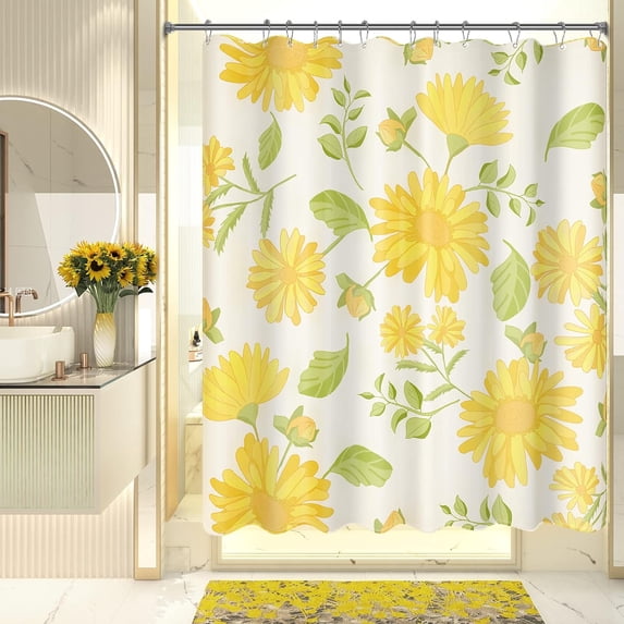Floral Shower Curtain, Washable Cloth Shower Curtain Sets with 12 Shower Curtain Hooks, Fabric Rustic Yellow Gerbera Flower Eucalyptus Fall Shower Curtains for Bathroom Decor, 72x72 Inches