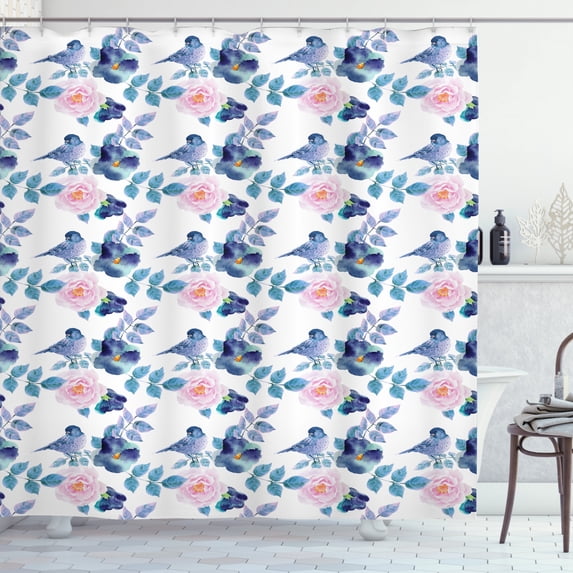 Floral Shower Curtain, Watercolor Birds Blooming Petals and Foliage Colorful Coming of the Spring Image, Fabric Bathroom Set with Hooks, 69W X 84L Inches Extra Long, Multicolor, by Ambesonne