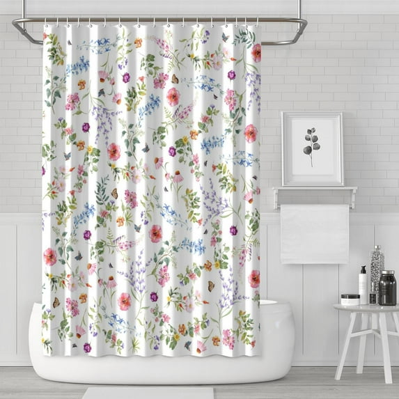 Floral Shower Curtain Watercolor Botanical Bathroom Decor Rustic Flower Design Fabric Bath Curtain for Tub Country Style Home Accessories with Hooks，72x72in