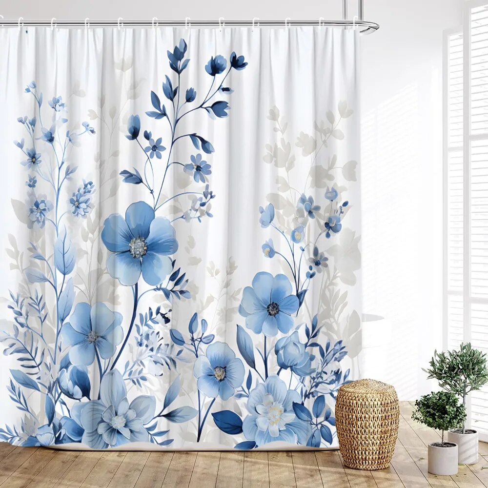 Floral Shower Curtain Watercolor Spring Botanical Hummingbird Leaf Farm