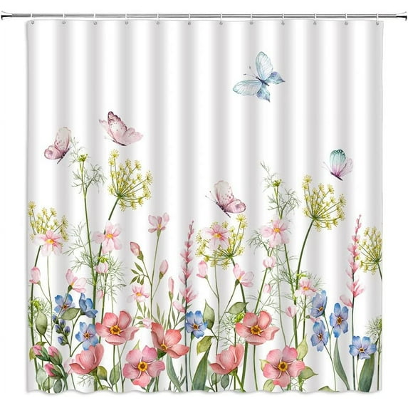 Floral Shower Curtain Watercolor Wildflower Flower Butterfly Botanical Herbs Spring Nature Plant Leaf Garden Fabric Bathroom Decor Set with Hooks(36" WX70 H)