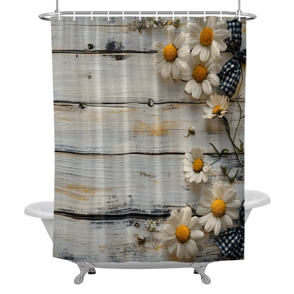 Long Valance Floral Shower Curtain, White Wildflowers Bow Wood Grain Waterproof ...