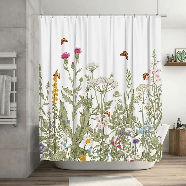 Floral Shower Curtain, Wildflower Botanical Waterproof Fabric Bathroom  Curtain Set 72x72 Inch, with 12 Hooks for Home Hotel Shower Curtain Liner