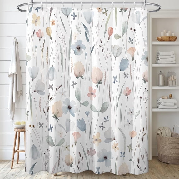 Floral Shower Curtain for Bathroom,Blue and Pink Flowers Shower Curtains Set with 12 Hooks,Modern Minimalism Waterproof Fabric Bath Curtain,72x72in