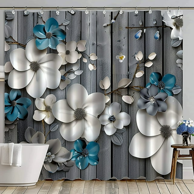 Floral Shower Curtain for Bathroom Decor Blue and White Flowers on Grey