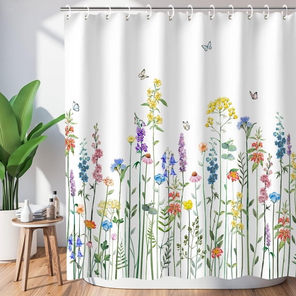 Floral Shower Curtain for Bathroom Watercolor Plant Design with 12 Hooks, Pretty Wildflower Pattern, Decorative Machine Washable, 60" W x 72" H