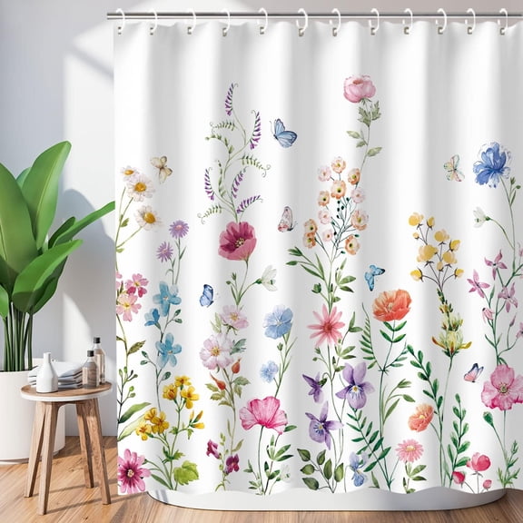 Floral Shower Curtain for Bathroom Watercolor Plant Design with 12 Hooks, Pretty Wildflower Pattern, Decorative Machine Washable, 60" W x 72" H