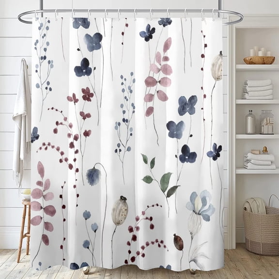 Floral Shower Curtain for Bathroom, White Fabric Shower Curtain Watercolor Navy and Red Bathroom Decor Waterproof Shower Curtains Set-72x72 in