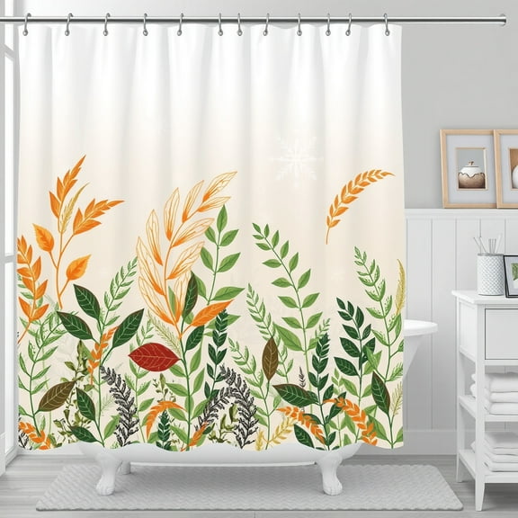 Floral Shower Curtain with Orange Green & Brown Leaves on Cream Background for Bathroom Decor