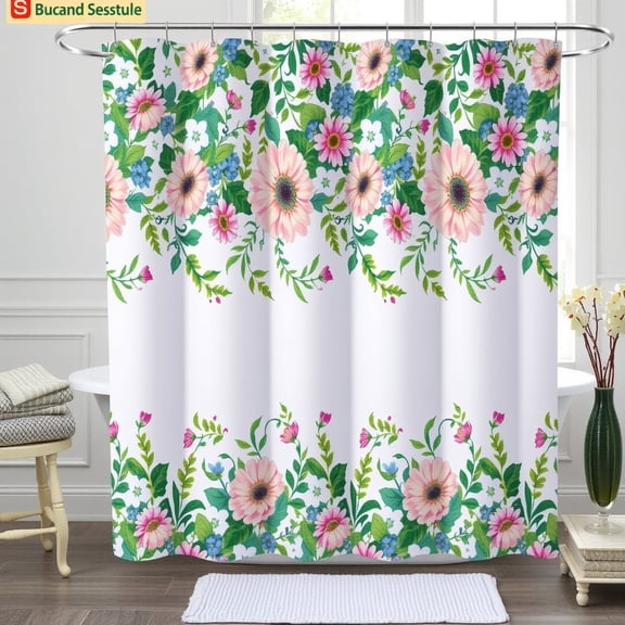 Floral Shower Curtain with Pink Daisies & Green Leaves - Elegant Bathroom Decor