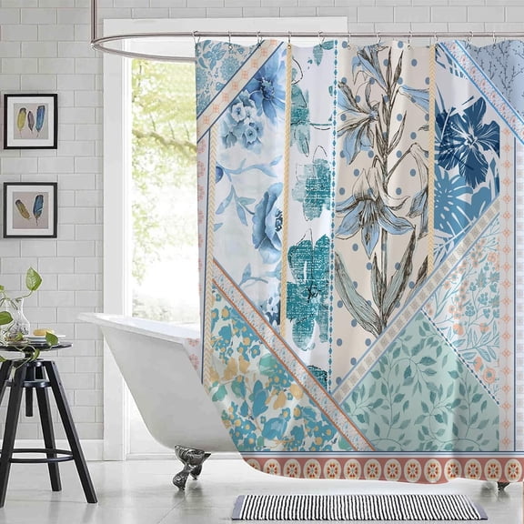 Floral Shower Curtains for Bathroom,Blue Teal Dahlia Flower Shower Curtain Sets,Farmhouse Vintage Flowers Waterproof Fabric Bath Curtain with 12 Hooks 72x72