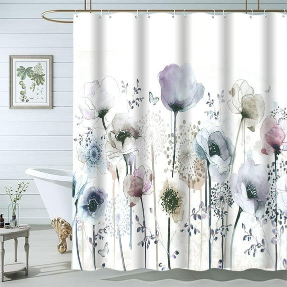 Floral Shower Curtains for Bathroom, Blue Watercolor Shower Curtain, Farmhouse Bathroom Curtain Decoration, Waterproof Fabric Shower Curtain Liner Set Machine Washable 72x72 Inch (with 12 Hooks)