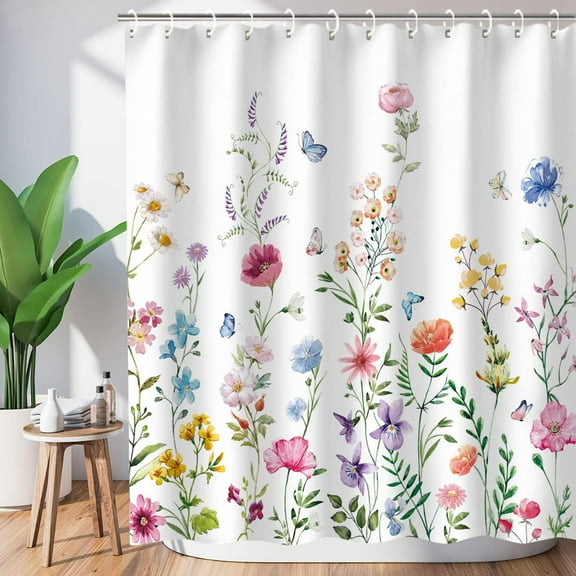 Floral Shower Curtains for Bathroom Flower Shower Curtain Watercolor Plant Shower Curtain with 12 Hooks Pretty Wildflower Flowered Shower Curtain Decorative Machine Washable, 72﻿" W x 72" H