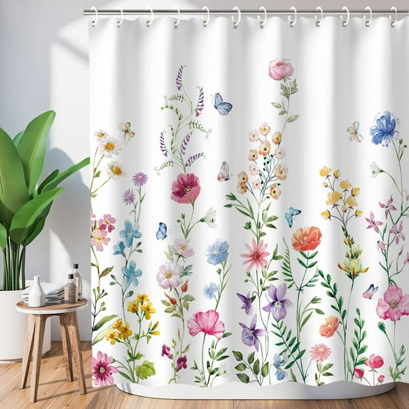 Floral Shower Curtains for Bathroom Flower Shower Curtain Watercolor Plant Shower Curtain with 12 Hooks Pretty Wildflower Flowered Shower Curtain Decorative Machine Washable, 72﻿" W x 72" H