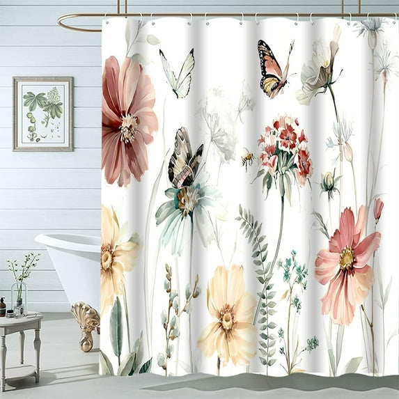 Floral Shower Curtains for Bathroom, White Fabric Shower Curtain Watercolor Floral and Butterflies Bathroom Decor Waterproof Shower Curtains Set-72x72(with 12 Hooks)