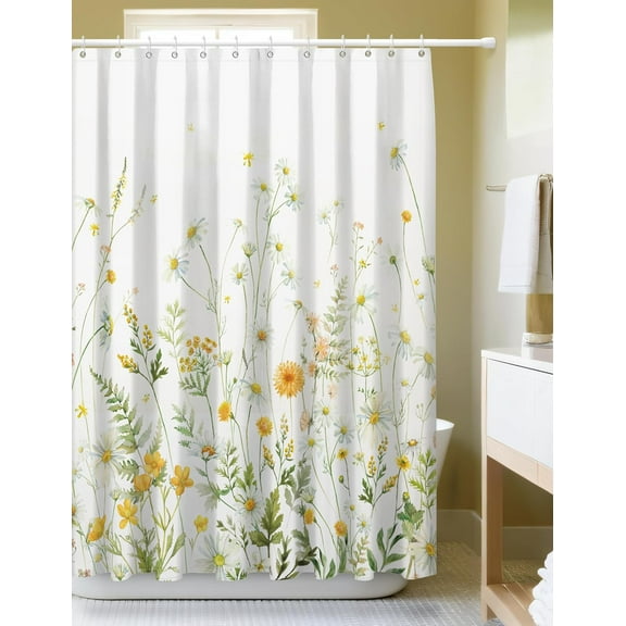 Floral Shower Curtains for Bathroom Yellow Green Blooming Flowers Shower Curtain Polyester Fabric Waterproof Washable Shower Curtain Sets for Bath Decor with 12 Hooks, 72 x 72 Inch