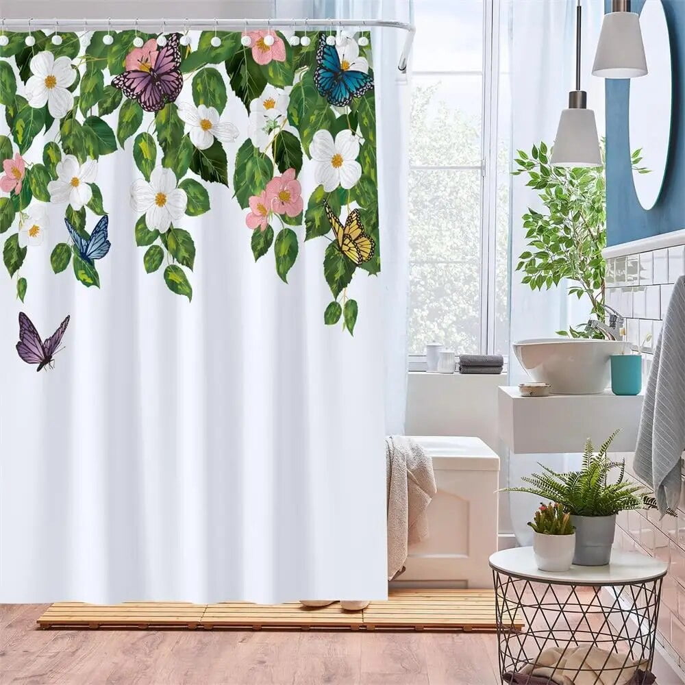 Floral Shower Curtains Watercolor Leaves Flowers on The Top Botanical ...