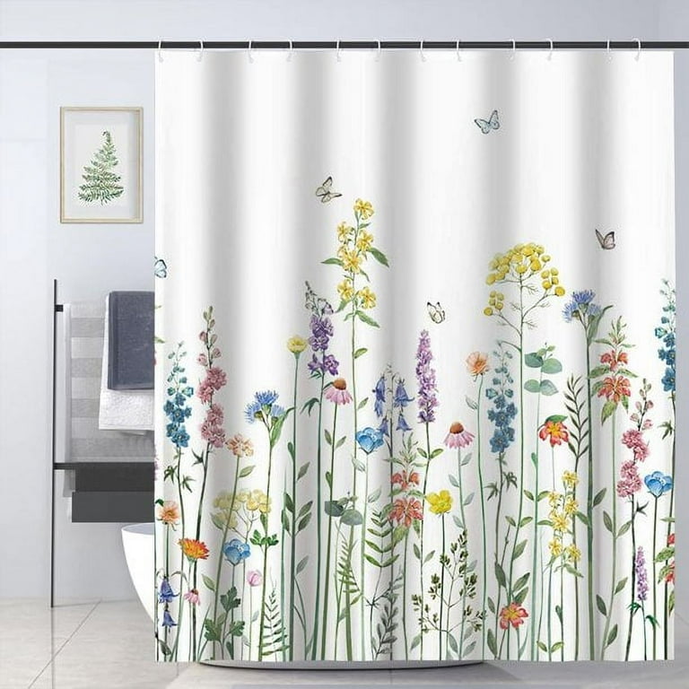 Wildflowers Shower Curtain Floral Border Herbal Shower Curtains Plant Shower  Curtain Waterproof Bathroom Shower Curtains Decor With 12 Hooks 