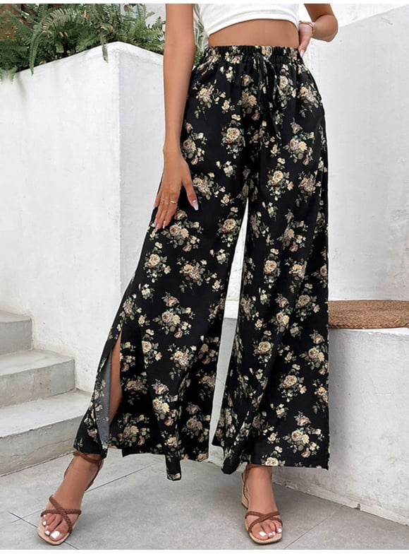 Floral Side Slit Wide Leg Pants