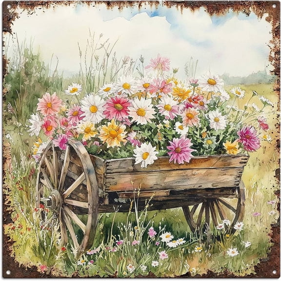 Floral Sign Farmhouse Wall Metal Plaque for Kitchen Living Room Bedroom Modern 12x12 Inches, 30 cm, Brown