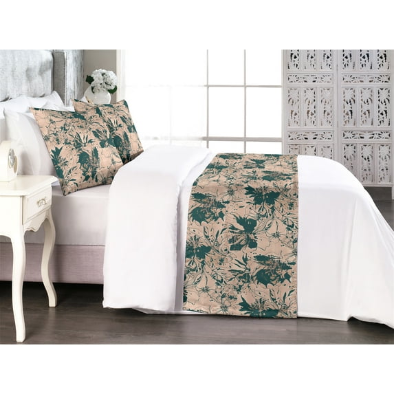 Floral Silhouettes Bed Runner Set, Grunge Design Forest Tone Flowers and Petals Abstract Art, Decorative Bedding Scarf & 2 Pillow Shams for Hotels Homes, Queen, Hunter Green Pale Salmon, by Ambesonne