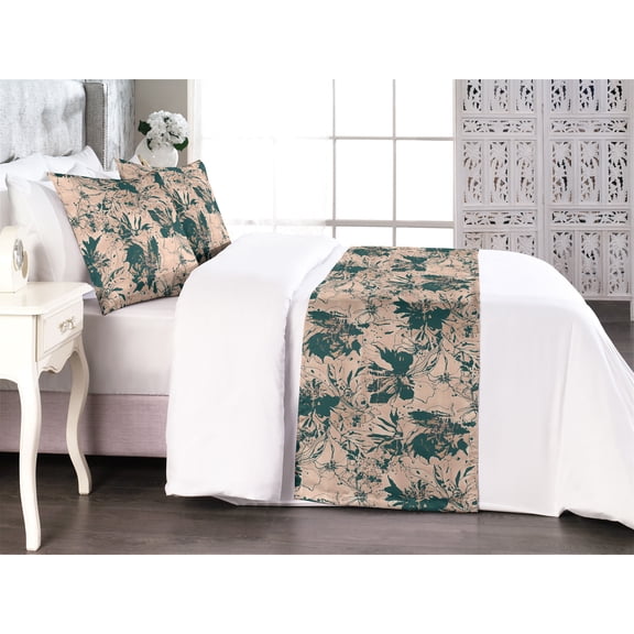 Floral Silhouettes Bed Runner Set, Grunge Design Forest Tone Flowers and Petals Abstract Art, Decorative Bedding Scarf & 2 Pillow Shams for Hotels Homes, Queen, Hunter Green Pale Salmon, by Ambesonne