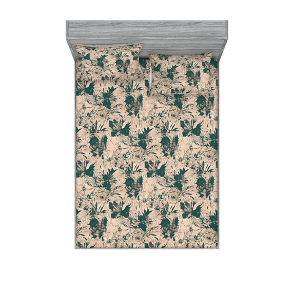 Floral Silhouettes Fitted Sheet & Pillow Sham Set, Grunge Design Forest Tone Flowers and Petals Abstract Art, Decorative Printed 3 Piece Bedding Decor, Full, Hunter Green Pale Salmon, by Ambesonne
