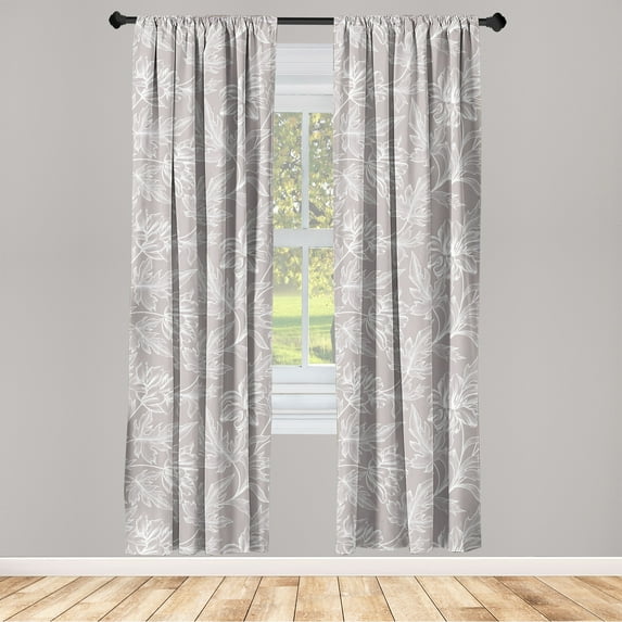 Floral Silhouettes Window Curtains, Monochrome Pattern of Romance Vibe Leafy Jungle Flowers Sketch, Lightweight Decor 2-Panel Set with Rod Pocket, Pair of - 28"x84", Taupe Grey and White, by Ambesonne